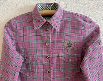 Camicia vintage OS Trachten a quadri rosa, camicetta alpina ricamata in cotone, camicia bavarese Oktoberfest, camicia Cottagecore con bottoni, taglia EU 36