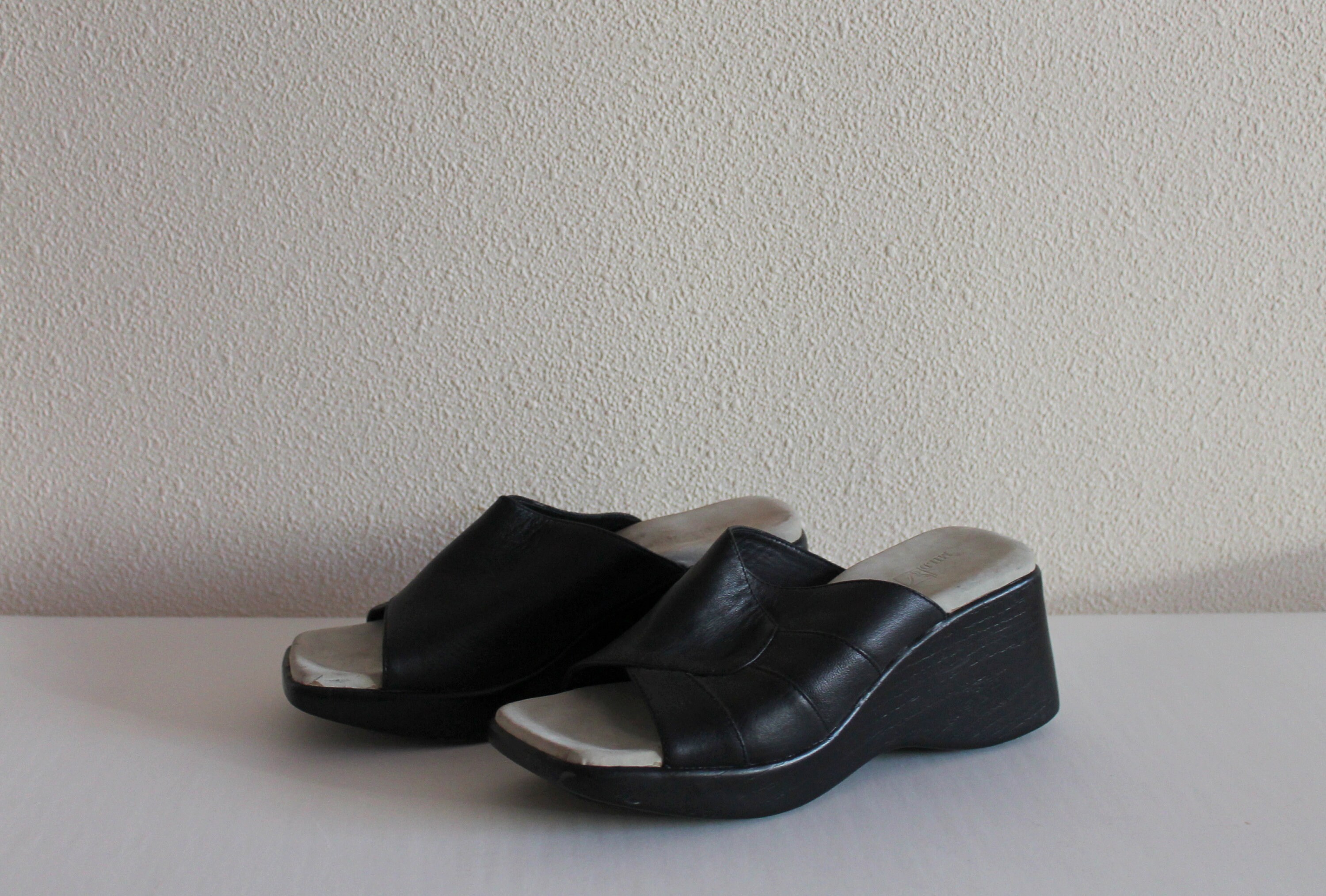 black leather platform mules