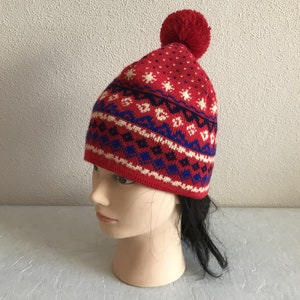 Vintage Hat Red Blue Knitted Scandinavian Hat Retro Winter Hat Traditional Nordic Winter Cap Knit Beanie Fair Isle