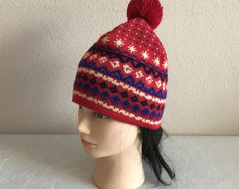 Vintage Hand Knit Woolen Cap Blue Red White Patterned Beanie  display picture 3