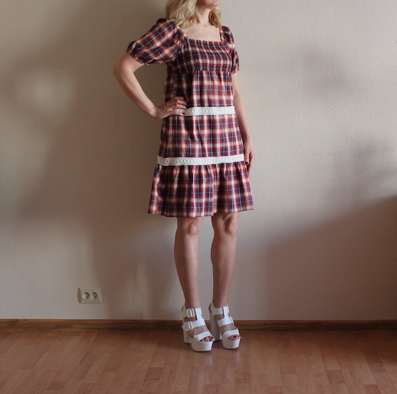 Red Blue Plaid Dress Summer Dress Short Sleeve Lace Trim Ruffle