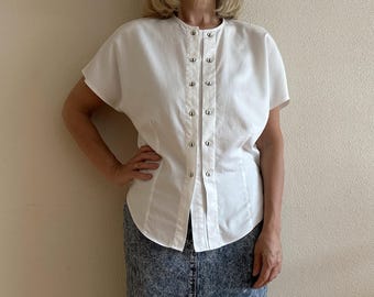 Vintage Blouse White Cotton Blouse Short Sleeve Fitted Top Minimalist Summer Shirt Women's Button Up Blouse