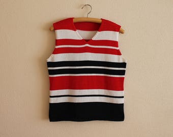 Red Blue White Horizontally Striped Knitted Top Knit Blouse Sleeveless Swater Elegant and Romantic Jumper V Neck Large Size