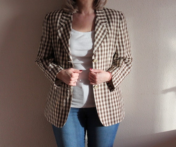 Blazer femme a carreaux veste femme a carreaux Blazer femme marron Beige melange de lin bureau manteau costume col epaulettes vestes surdimensionnees Etsy France