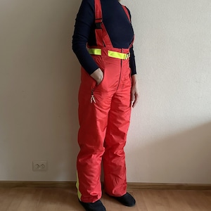 Vintage 80s Red Ski Pants Bib Everest Take Off Mountain Wear Unisex Snow Pants Overalls Retro Neon Ski Suit Bottoms Made in Korea Size 50