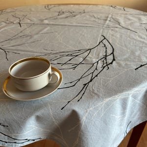 Vintage Finlayson Tablecloth Tree Branches Print Blue Cotton Table Runner Finland Fabric Finnish Design