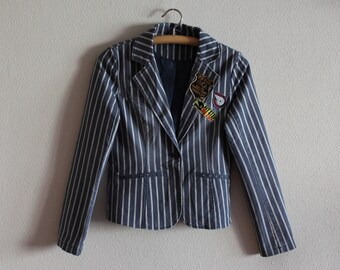 Denim Jacket Blue Denim Jacket Vertical Striped Denim Blazer Long Sleeve Jean Blazer Fitted Jacket Suit Collar Small Size