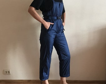 Vintage Navy Blue Kids Snow Bib Pants Size DeepRay Nylon Ski Overalls Winter Snow Suit Pants  Retro Ski Clothing Size 152 / 12 Years