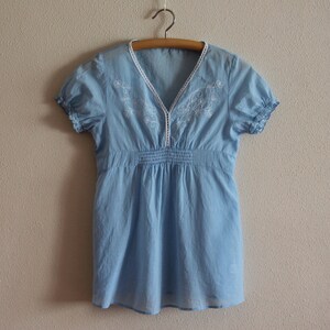 Blue Blouse Women&#39;s Blouse Short Sleeve Tunic Summer Cotton Top Peasant Shirt Embroidered Pregnant Blouse Folk Hippie Blouse