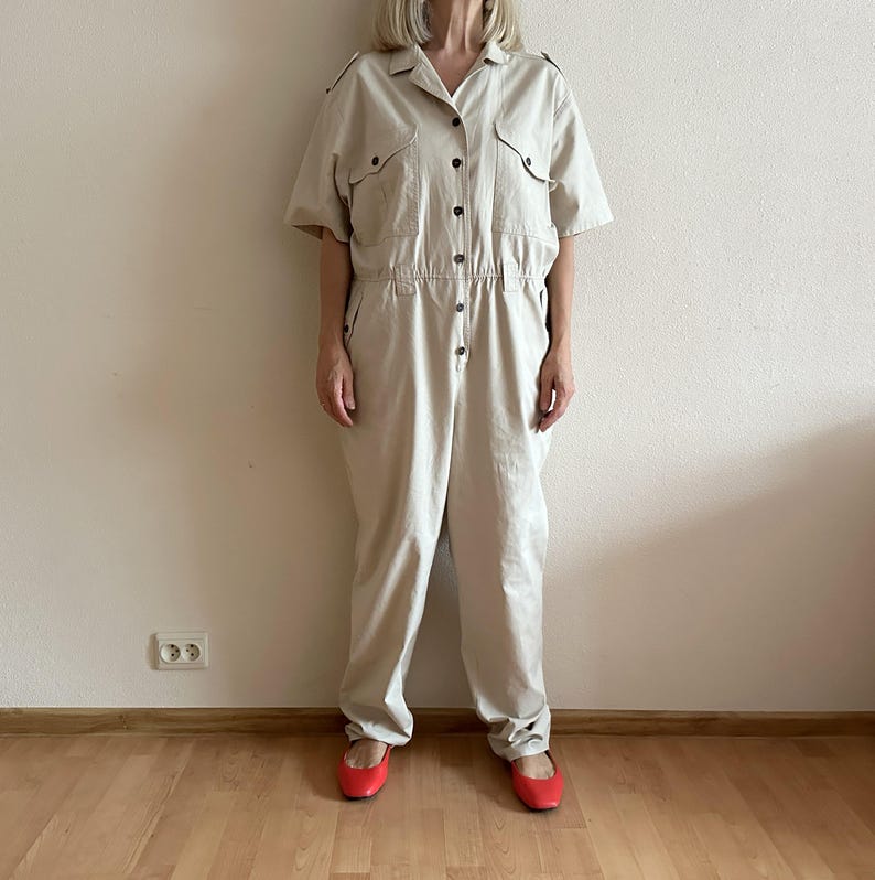 Beige Utility Jumpsuit Women Vintage Style Boiler Suit Short Sleeve Coverall Workwear Romper Safari Military Overall Beige Cotton One Piece image 2