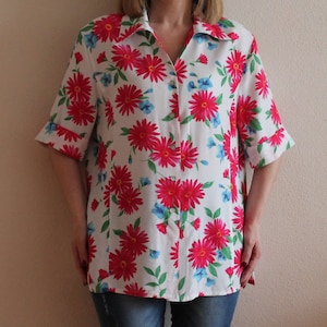 Women&#39;s Blouse Vintage Blouse Flower Print Blouse Short Sleeve Summer Shirt Flower Floral White Red Blue Green Shoulder Pads Plus Size