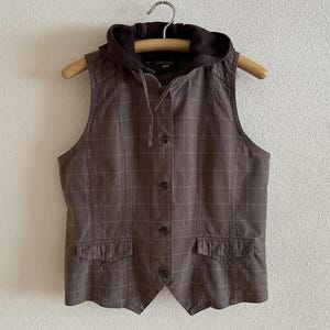 Women&#39;s Vest Brown Cotton Vest Brown Plaid Women Waistcoat Hooded Vest