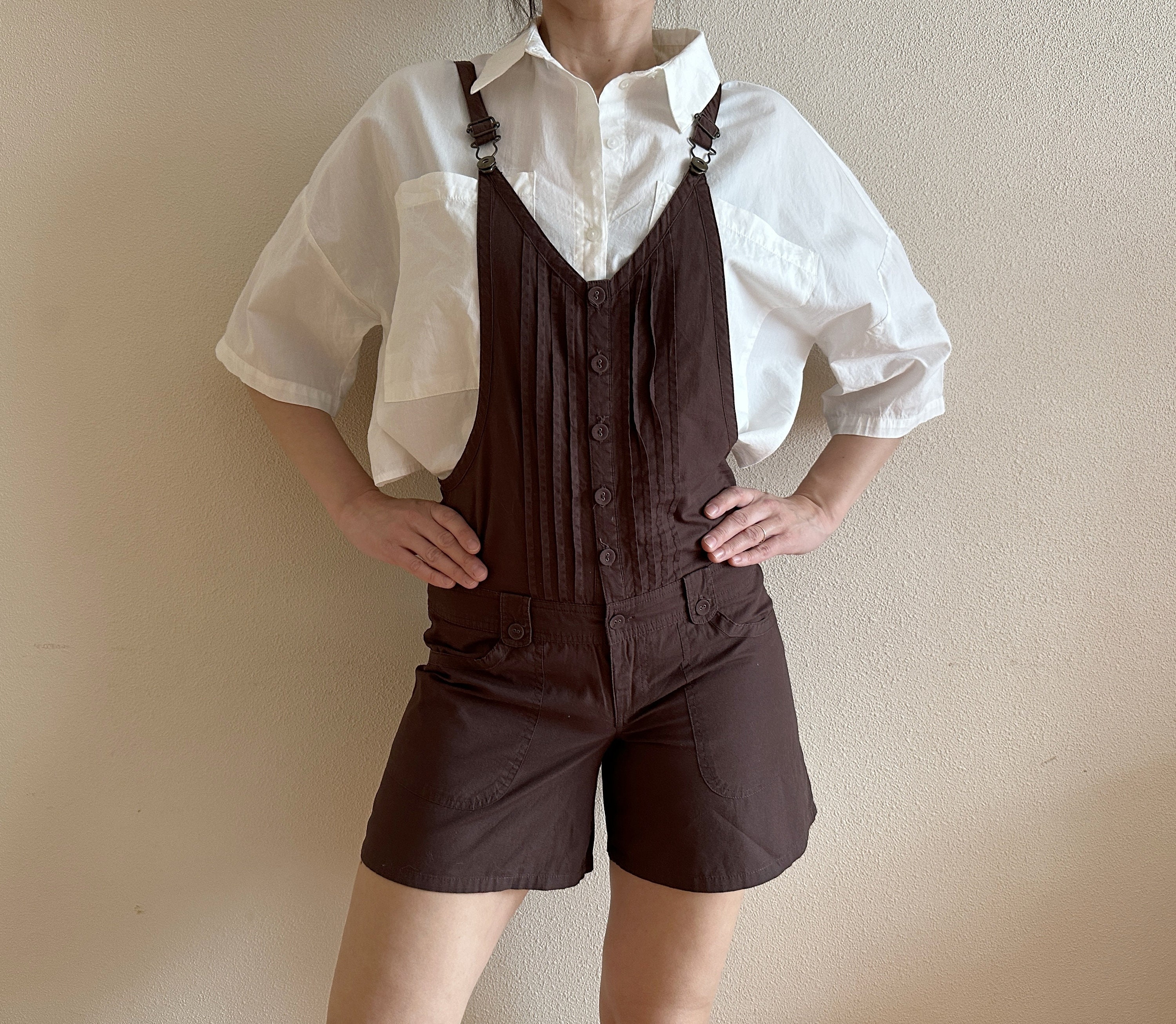 Brown Cotton Jumpsuit Jean Bib Jumper One Piece Rompers Overall 
