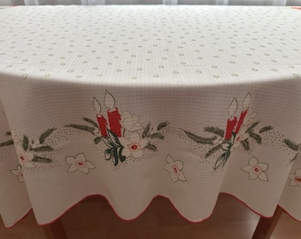 Vintage Christmas Tablecloth Red Candle & Floral Holiday Table Cover Retro Festive Table Decor White Polyester Scandinavian Style