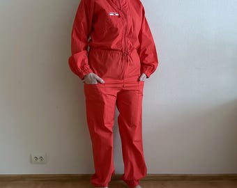 Vintage Sail & Ski Red Jumpsuit Finnish Workwear Coveralls, 100% Cotton Finnvaate Oy, Hooded Retro Utility Suit