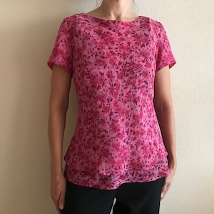 Vintage Blouse Silk Blouse Women Silk Blouse Silk Top Floral Print Blouse Short Sleeve Pink Flower Lining