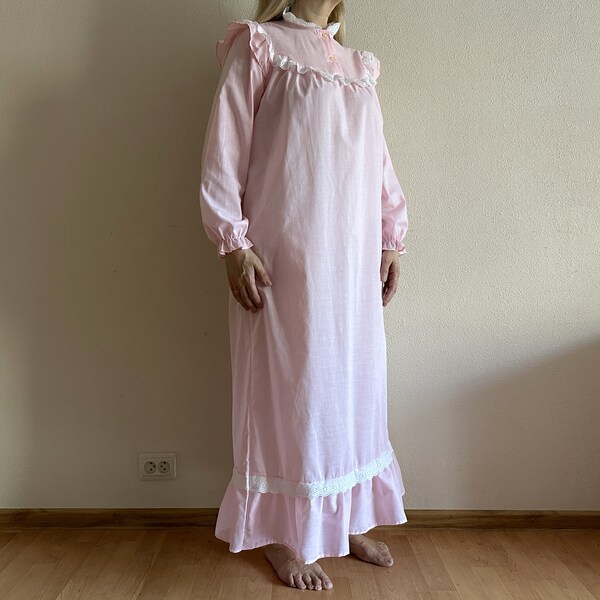 Vintage Night Shirt Maxi Nightdress Pink Cotton Nightgown Lace Trim House Coat Ladies Bedgown Night Shirt Lingerie