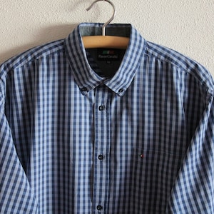 Mens Shirt Plaid Shirt Blue Checked Men Shirt Men&#39;s Button up Cotton Shirt Long Sleeve Shirt Checkered Dress Shirt Extra Large Size
