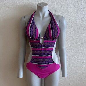 Traje de baño vintage de una pieza, colorido, rosa, retro, para mujer, de una pieza, con espalda abierta