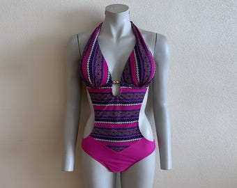 Vintage One Piece Swimsuit Colorful Pink Retro Bodysuit Women Swimwear One Piece Bathing Suit  Open Back Swimming Suits