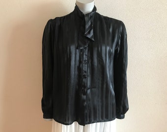 Black Blouse Black Women Blouse Vintage Black Striped Blouse Long Sleeve Silky Shirt Secretary Top Shirt Button up Tie Collar Medium Size