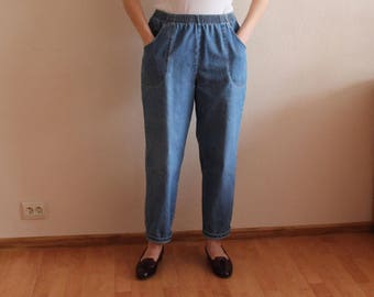 Vintage Denim Pants Women Denim Pants Blue Denim Pants Boho Hippie Elastic Waist Jean Trousers High Waist