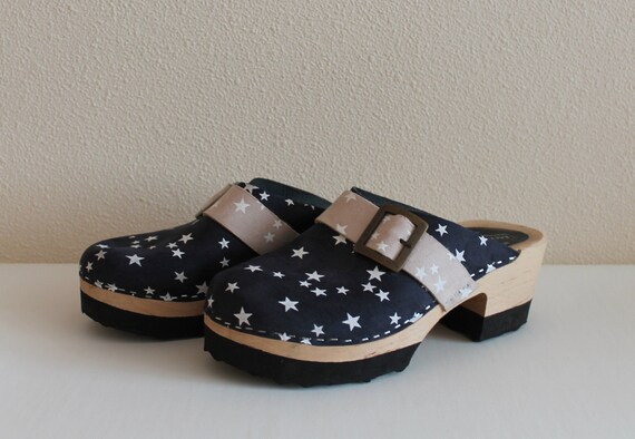 Swedish Clogs Wooden Clogs Star Print Clogs Navy B