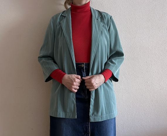 Womens Blazer Vintage Blazer Green Silk Women's Jacket Open Front Suit Collar 3/4 Sleeve