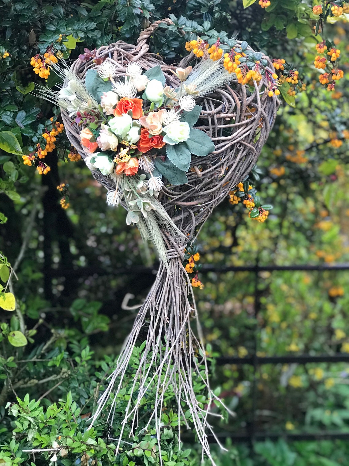 Rustic wicker heart arrangement with artificial and dried Etsy