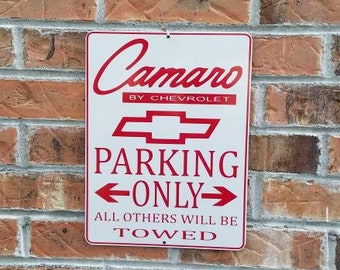 Chevy camaro red on white  parking only sign