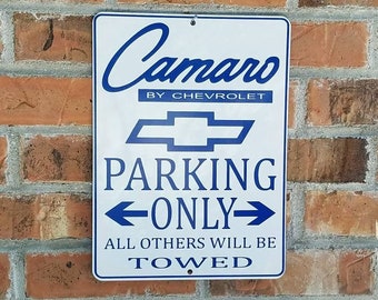 Chevy camaro blue on white  parking only sign