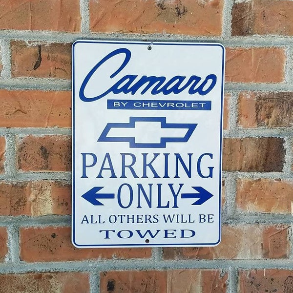 Chevy camaro blue on white  parking only sign