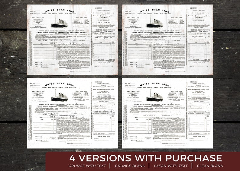 Titanic 3rd Class Ticket Maiden Voyage set of 4 DIGITAL Etsy