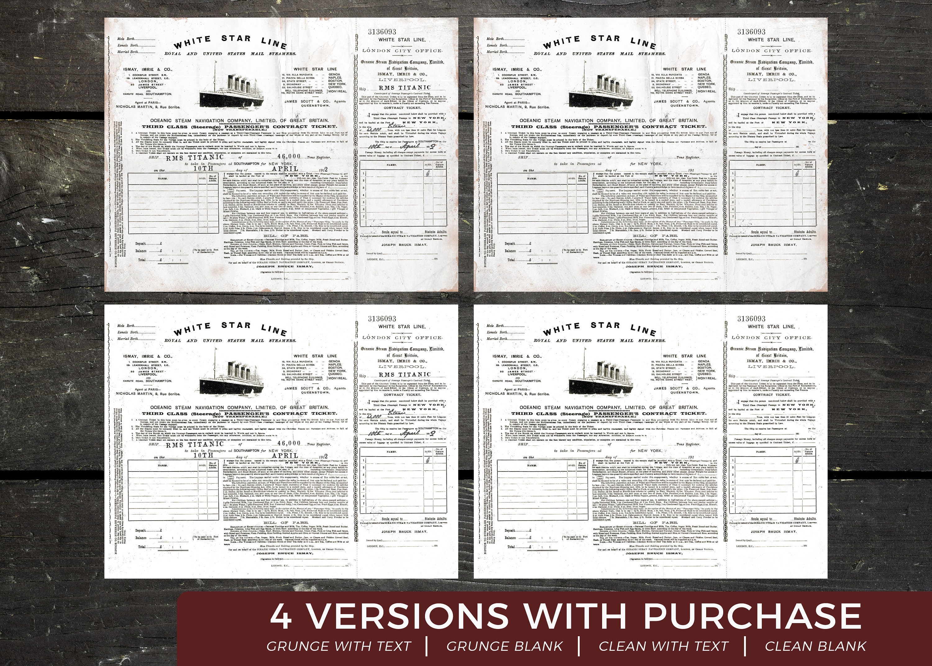 Titanic 3rd Class Ticket Maiden Voyage set of 4 DIGITAL Etsy UK