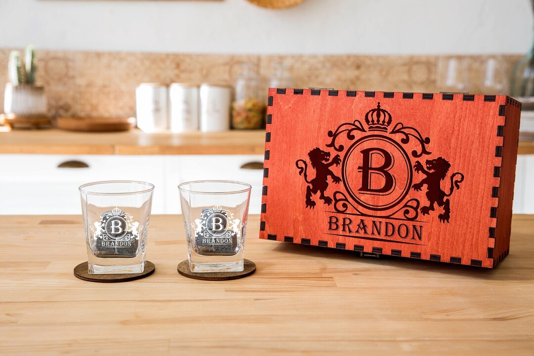 Custom Woodcraft Whiskey Set Engraved Glasses in Elegant Box With
