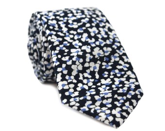 Dark Navy Floral Necktie, Groomsmen Tie, Mens Tie, Mens Skinny Tie, Flower Tie, Mens Necktie