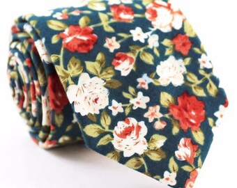 Green Floral Necktie, Floral Tie, Mens Tie, Mens Skinny Tie, Floral Skinny Tie, Mens Floral tie