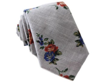 Grey Floral Necktie, Grey Flower Tie, Mens Tie, Mens Skinny Tie, Floral Skinny Tie, Mens Necktie, Skinny Necktie, Blue, Red, Tie