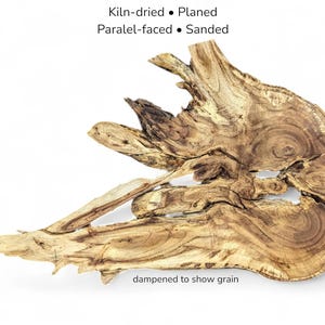May include: A natural wood slab with visible grain patterns, featuring text that reads Kiln-dried, Planed, Paralel-faced, Sanded, and dampened to show grain. The piece has an irregular, organic shape with dark brown swirls and light tan wood tones.