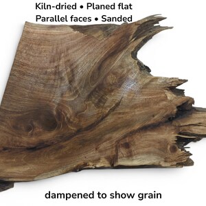 Peut inclure: Un morceau de bois brun avec un bord naturel, présentant des motifs de grain visibles. Le texte indique : Kiln-dried • Planed flat, Parallel faces • Sanded, et dampened to show grain. Le bois a une surface poncée lisse et un bord irrégulier.