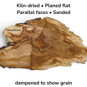 Könnte beinhalten: Eine ofengetrocknete, gehobelte und geschliffene Holzscheibe mit parallelen Flächen. Die Oberfläche ist angefeuchtet, um die natürliche Maserung und die Brauntöne hervorzuheben. Der Text lautet: Kiln-dried, Planed flat, Parallel faces, Sanded, decayed area, dampened to show grain.