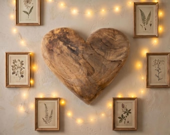 Corazón grande de madera maciza de nogal tallada, decoración rústica para el hogar, idea de regalo para el quinto aniversario de boda #003