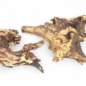 Puede incluir: Dos piezas de madera flotante con un aspecto natural y desgastado. La madera presenta una mezcla de tonos marrón claro y oscuro, con texturas intrincadas y formas irregulares. Ideal para decoración de acuarios o proyectos de artesanía.