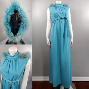 Vintage Maxi Dress 1970s Maxi Dress with Matching Detachable Faux Fur Trimmed Hood and Sash in Turquois 70s Retro Evening Gown Size Large