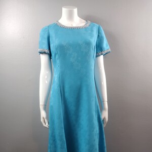 Vintage Maxi Dress 1970s Handmade Vintage Dress Turquois Blue with Brocade Daisy Print Retro Dress with Silver Metallic Beaded Trim