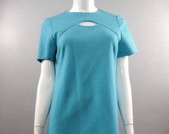 1960s Mod Turquoise Blue Dress, Textured Poly Cutout Retro Shift