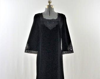 1970s Black Velvet Maxi Dress, Cotton Lace Bohemian Gown