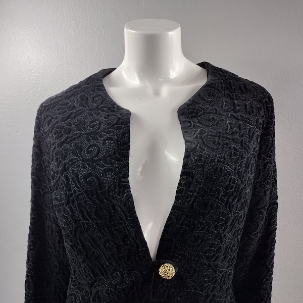 Vintage 1960s Bolero Jacket by Majestic in Black Velvet Brocade with Gold Filigree Button Loop Closure Retro Size Small