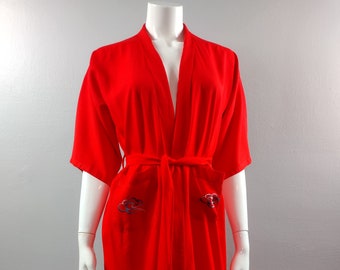 Vintage 1970s Red Cotton Kimono/Dressing Gown with Embroidered Dragon Pockets Wrap Around and Belted 70s Robe Size - M