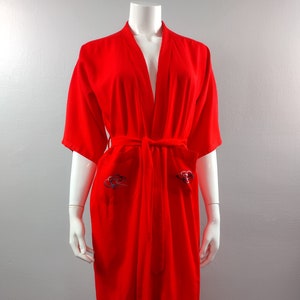 Vintage 1970s Red Cotton Kimono/Dressing Gown with Embroidered Dragon Pockets Wrap Around and Belted 70s Robe Size - M